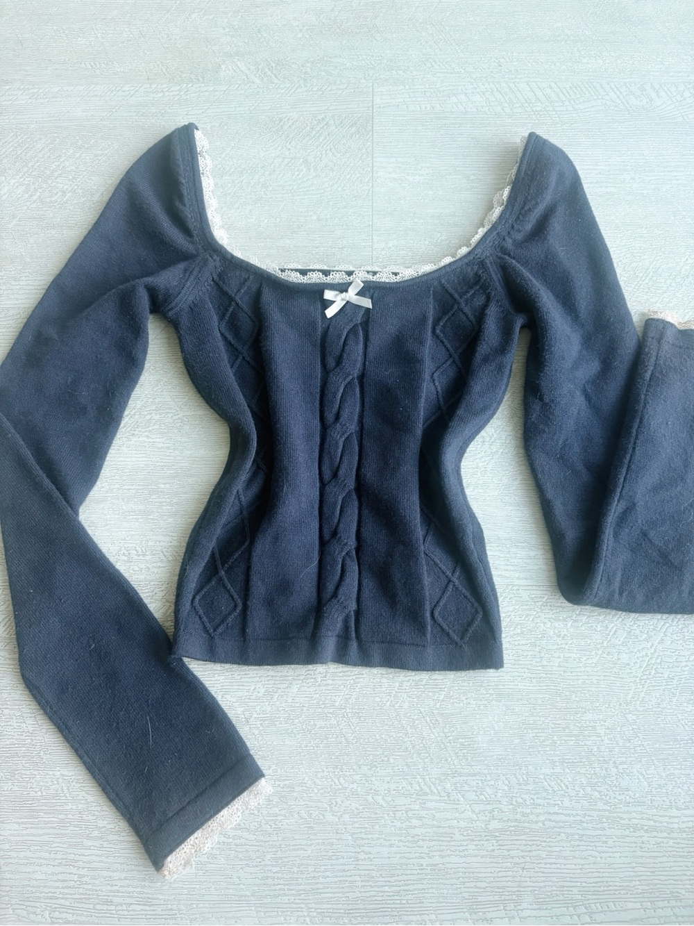 Edikted Navy Off-Shoulder Cable Knit Sweater with Lace Trim